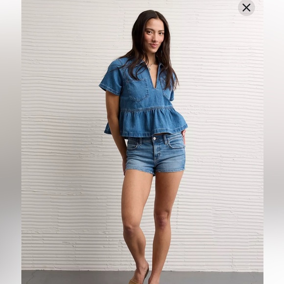 NWT American Eagle Denim Popover Denim Peplum Short-Sleeve Top - Picture 6 of 6